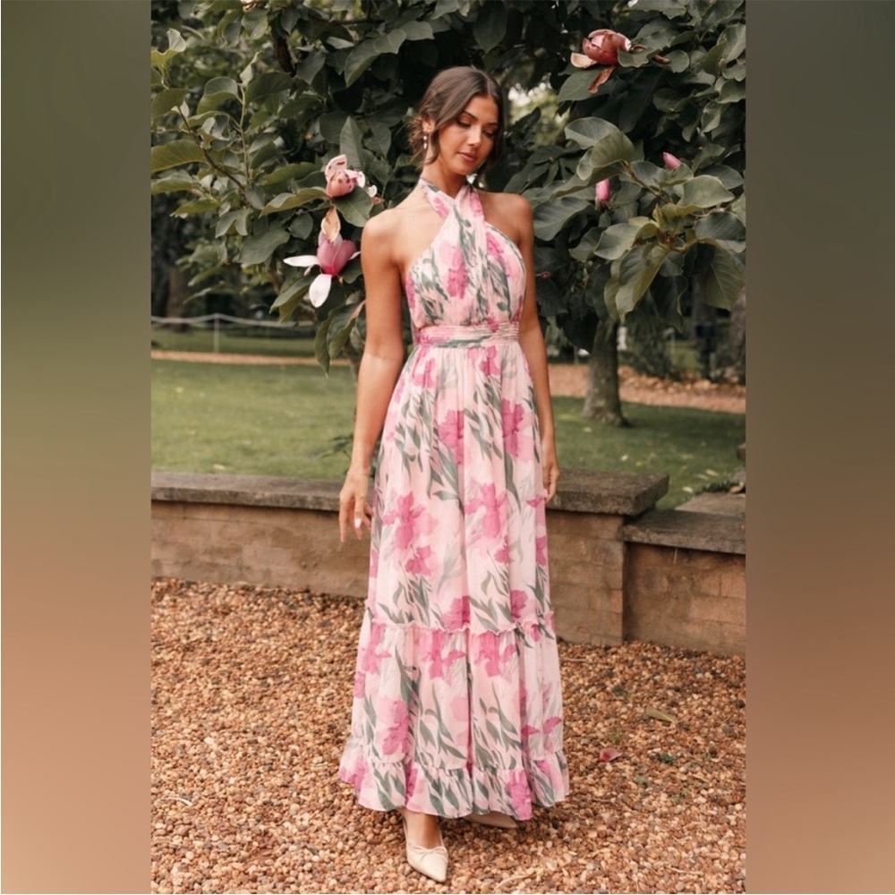 Petal & Pup Pink Floral One-Shoulder Maxi Dress with Green Leaf Detail